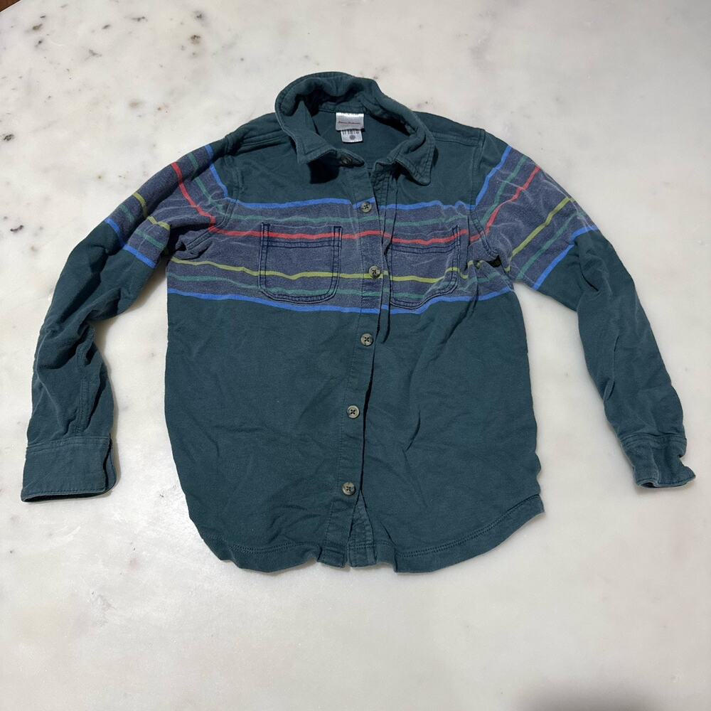 Hanna Andersson Boys Striped Button-Up Shirt 120 cm US 6-7 Teal Cotton